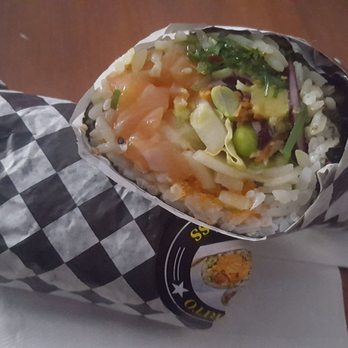 Sushi Burrito Express - sushi roll salmon, lettuce, edamame, onions, seaweed avocado, fish eggs, red cabbage.the sauce was poke - Salad Near Me - Jacksonville, Florida Sushi Burrito Express - sushi roll salmon, lettuce, edamame, onions, seaweed avocado, fish eggs, red cabbage.the sauce was poke - Salad Near Me - Jacksonville, Florida