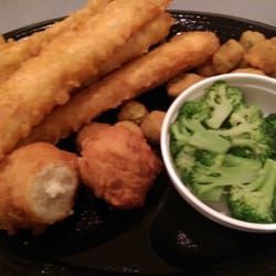 Four piece fish with broccoli and fried okra.