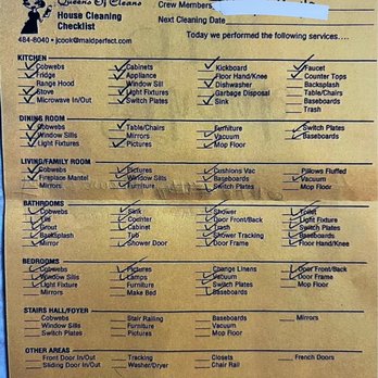 Maid Perfect - This is the check off list of what was done. - Home Cleaning Near Me - Fort Wayne, Indiana