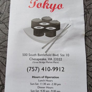 Tokyo - Menu front page with hours and website! - Japanese Near Me - Chesapeake, Virginia Tokyo - Menu front page with hours and website! - Japanese Near Me - Chesapeake, Virginia