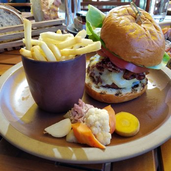 Madera - burger w/ white cheddar, bacon, fries and pickled vegetables - New American Near Me - Menlo Park, California Madera - burger w/ white cheddar, bacon, fries and pickled vegetables - New American Near Me - Menlo Park, California