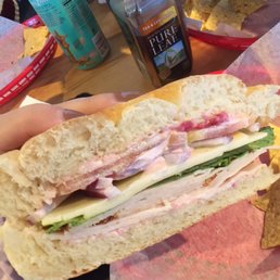 Great sandwich with turkey, cranberry mayo, and more. They call it "The T.J." Great sandwich with turkey, cranberry mayo, and more. They call it "The T.J."