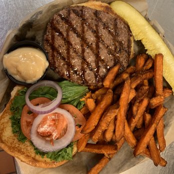 Brew Garden - Commando burger and sweet potato fries - Sports Bars Near Me - Middleburg Heights, Ohio Brew Garden - Commando burger and sweet potato fries - Sports Bars Near Me - Middleburg Heights, Ohio
