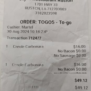 Cajun Bar & Grill - The receipt I was given. - Cajun/Creole Near Me - Ruston, Louisiana