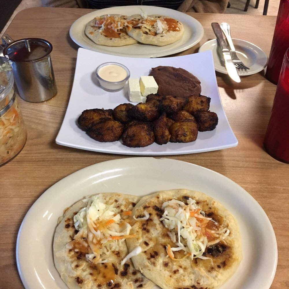 Mama Rosa Pupuseria - OMG!! How is that I haven't eaten pupusas in my life!  So below is: Pupusas, plantains, frijolas - Salvadoran Near Me - Houston, Texas