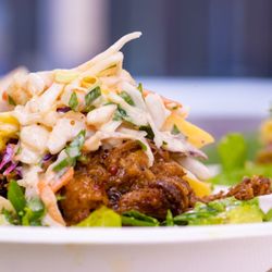 Frita Batidos - Aromatic Pulled Pork Bowl over simple salad with Tropical Slaw