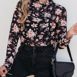 Floral mesh high-neck top with a slim fit silhouette. Lightweight, stylish, and perfect for layering or wearing on its own.