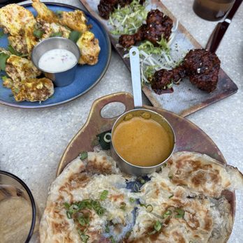 Straits - Santana Row - A-Roti Prata, G-Crispy Curry Cauliflower, A-Chicken Lollipops - Asian Fusion Near Me - San Jose, California