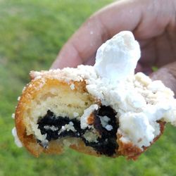 Fried Oreo topped with powdered sugar