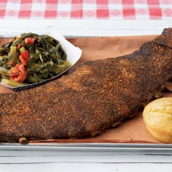 Hog Shack Bar B Q - Poor baby back ribs with a side of collard greens and corn muffin - Barbeque Near Me - Manassas, Virginia Hog Shack Bar B Q - Poor baby back ribs with a side of collard greens and corn muffin - Barbeque Near Me - Manassas, Virginia