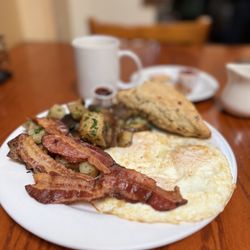 Alana's Cafe - Alana's Combo. Crispy bacon eggs and potatoes. With a scone that's out of this world!