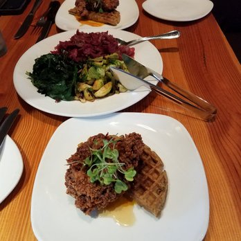 Miller Union - A split order of crispy fried chicken buckwheat waffle - delicious! A veggie combo plate in the middle - deliciously healthy! - Southern Near Me - Atlanta, Georgia