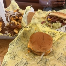 Pastrami burger, Jr. Cheeseburger and chili cheese fries.