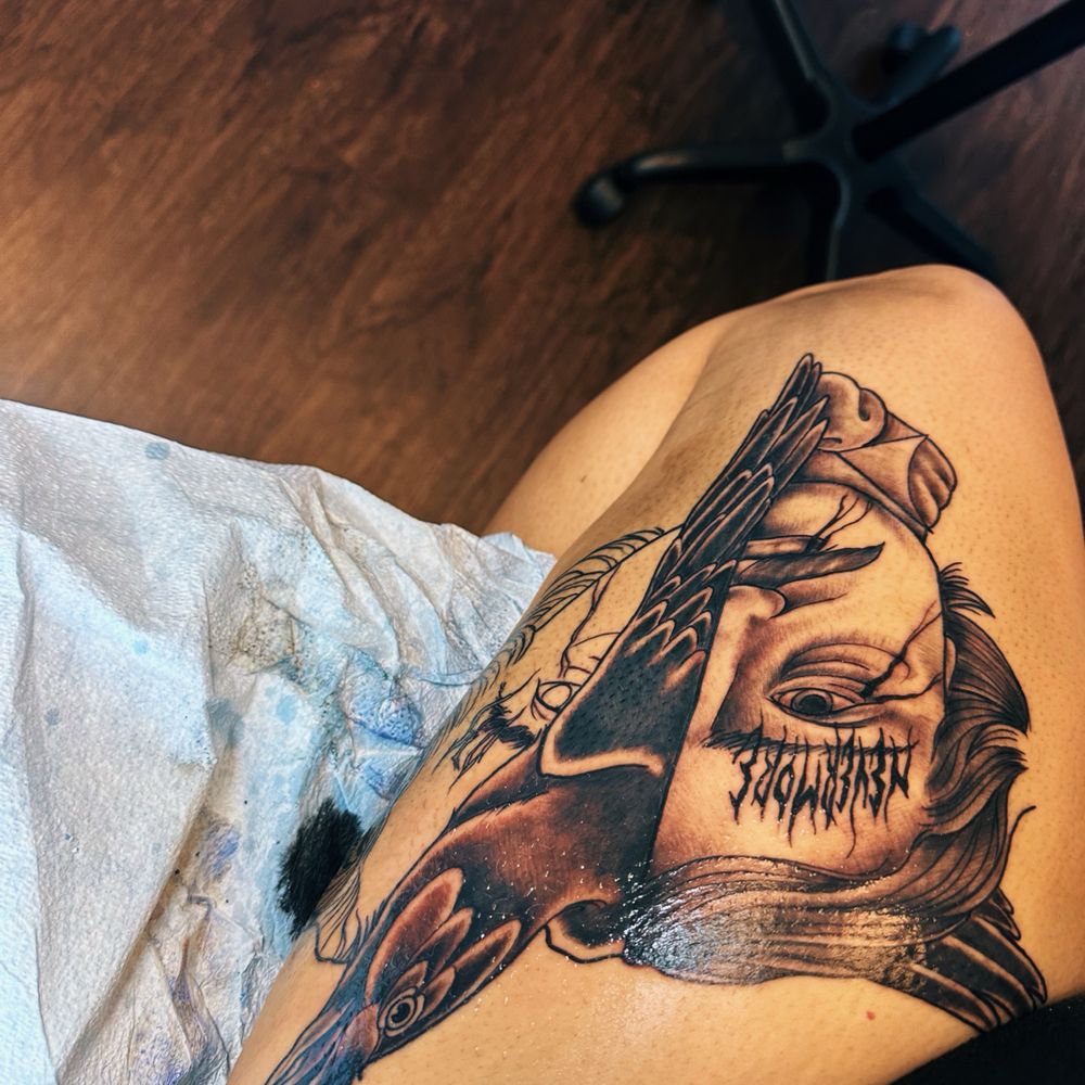 Gilded Rose Tattoo - Edgar Allan Poe tattoo in progress - Tattoo Near Me - San Diego, California