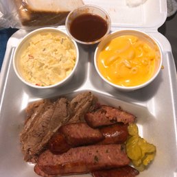 Potato salad, Mac and cheese, sausage, and brisket. More brisket than it looks in the pic! Potato salad, Mac and cheese, sausage, and brisket. More brisket than it looks in the pic!