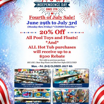 PDC Spa & Pool World - July 4th Sale!
June 29th to July 3rd Mon. - Fri. (9-5) / CLOSED JULY 4th
20%Off Pool Toys & Floats!
ALL Hot Tub purchases 500.00 Rebate - Hot Tub & Pool Near Me - Lehighton, Pennsylvania PDC Spa & Pool World - July 4th Sale!
June 29th to July 3rd Mon. - Fri. (9-5) / CLOSED JULY 4th
20%Off Pool Toys & Floats!
ALL Hot Tub purchases 500.00 Rebate - Hot Tub & Pool Near Me - Lehighton, Pennsylvania