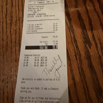 Gulliver's Restaurant - Receipt for the Meal - American Near Me - Irvine, California