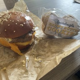 Breakfast chicken sausage sandwich and brown butter cookies