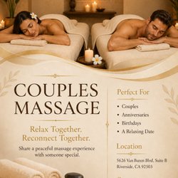 New Soothing Spa - COUPLES MASSAGE Relax Side by Side Take a break from the busy world and enjoy a peaceful massage experience together. Perfect For * Date