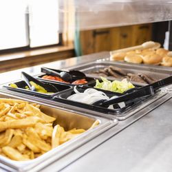 Palomar Christian Conference Center - Buffet line including that day's menu of build-your-own Burgers & Fries