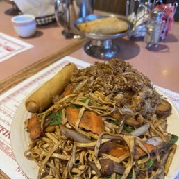 Vegetable Lo Mein Combination plate with meatless fried rice and a spring roll. Very tasty! Especially the rice!