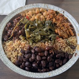 Quinoa, collard greens, chickpeas, bbq steak, sweet and sour chicken, black beans. Quinoa, collard greens, chickpeas, bbq steak, sweet and sour chicken, black beans.