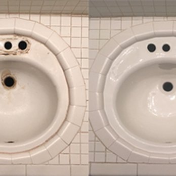 Sharp Refinishing - Porcelain-over-cast-iron bathroom sink set in tile repaired and then refinished in white - before and after. - Refinishing Services Near Me Sharp Refinishing - Porcelain-over-cast-iron bathroom sink set in tile repaired and then refinished in white - before and after. - Refinishing Services Near Me