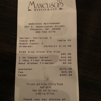 Mancuso's Restaurant - Receipt - Italian Near Me - Phoenix, Arizona Mancuso's Restaurant - Receipt - Italian Near Me - Phoenix, Arizona