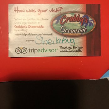 Crabby's Oceanside - This was our server's card! - Seafood Near Me - Daytona Beach, Florida