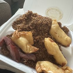 Mee King Garden - Boneless spareribs, chicken fingers, crab Rangoon, and pork fried rice. I had eaten about half of each appetizer before taking the picture.
