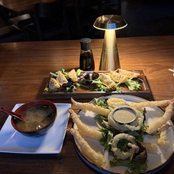 El Tataki - Miso soup, gyoza, and Tempura Shrimp with onion rings - Sushi Bars Near Me - Tempe, Arizona