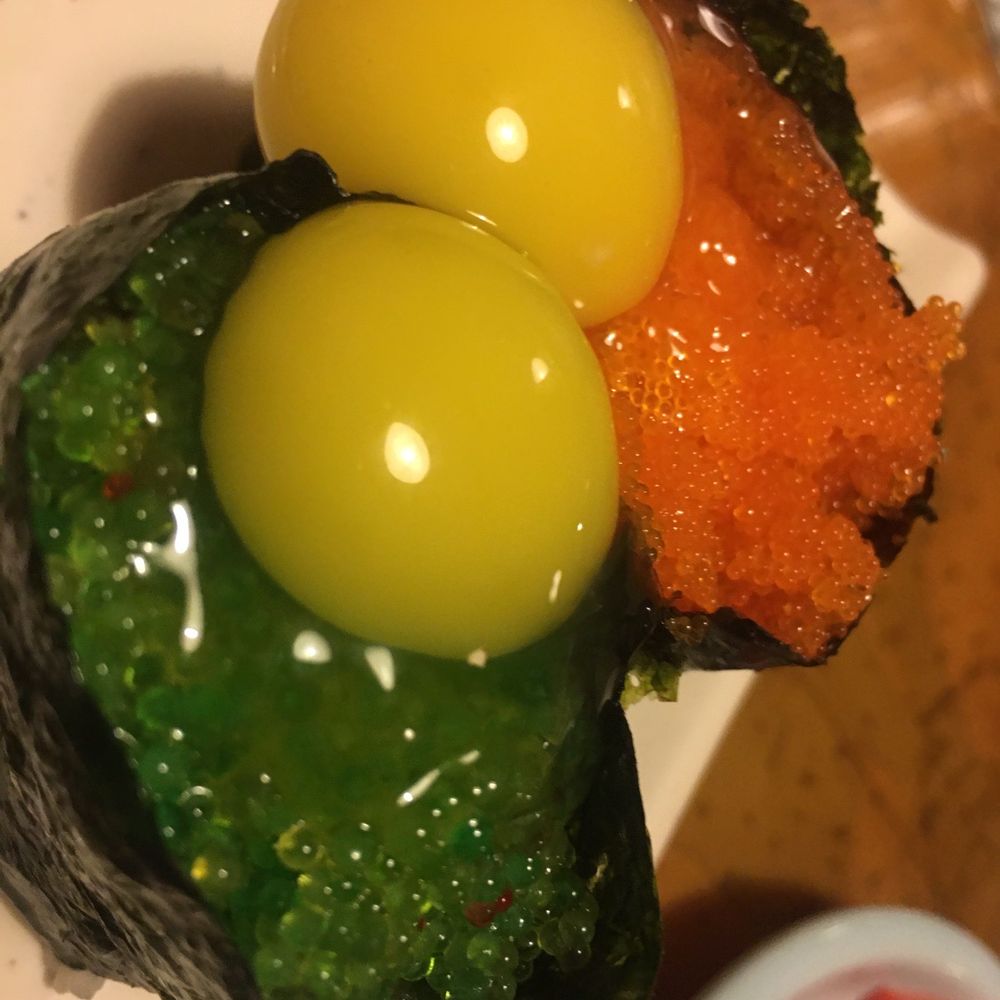 Sushi Ko - Masago and green tobiko nigiri with a quail egg - Japanese Near Me - Miami, Florida Sushi Ko - Masago and green tobiko nigiri with a quail egg - Japanese Near Me - Miami, Florida
