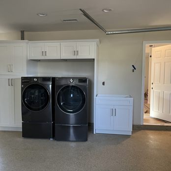 Rok Hardware & Cabinets - Garage / laundry room custom made to hide Water heater and laundry sink. - Kitchen & Bath Near Me - Anaheim, California Rok Hardware & Cabinets - Garage / laundry room custom made to hide Water heater and laundry sink. - Kitchen & Bath Near Me - Anaheim, California