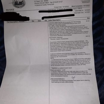 SD Transmissions - SD Transmission invoice notice no documentation of car being inoperable or transmission needing to be replaced also no $90 credit applied. - Transmission Repair Near Me - El Cajon, California