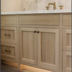 West Coast Modern - White oak inset cabinetry bathroom vanity