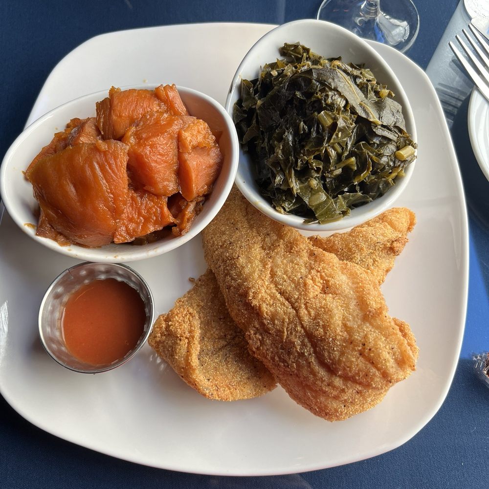 SavannahBlue - Catfish, collard greens and sweet potatoes - New American Near Me - Detroit, Michigan SavannahBlue - Catfish, collard greens and sweet potatoes - New American Near Me - Detroit, Michigan