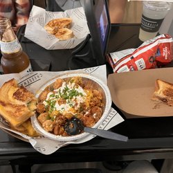The Baked Potato sandwich, chili cheese tots and the Buffalo chick sandwich with no cheese