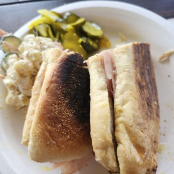 Piilani Kitchen - Cubano sandwich without cheese with Side order of ulu macaroni salad (or potato chips) and crunchy pickles - Sandwiches Near Me - Pepeekeo, Hawaii Piilani Kitchen - Cubano sandwich without cheese with Side order of ulu macaroni salad (or potato chips) and crunchy pickles - Sandwiches Near Me - Pepeekeo, Hawaii