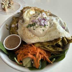 Juicery Plus - Poblano chilaquiles + egg