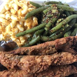 Fried Whiting, String Beans, and Mac & Cheese