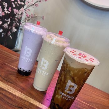 BesTeas Boba - Left to right: Taro milk tea, milk tea & brown sugar milk tea - Bubble Tea Near Me - Norwalk, California BesTeas Boba - Left to right: Taro milk tea, milk tea & brown sugar milk tea - Bubble Tea Near Me - Norwalk, California