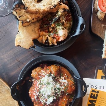 Postino Cinco Ranch - Top: Shrimp Scampi.          Bottom: Meatballs & goat cheese - Wine Bars Near Me - Katy, Texas