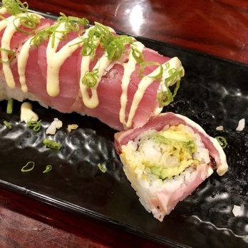 Sake Sushi Bar & Lounge - Tuna Tataki Roll - shrimp tempura and avocado, topped with fresh seared tuna, spicy mayo drizzle, and green onion. - Sushi Bars Near Me - Port Arthur, Texas
