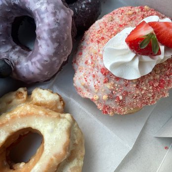 Friendly Donuts - Ube cake, ube cake with blueberry glaze, strawberry shortcake, and lemon old fashioned - Donuts Near Me - Orange, California Friendly Donuts - Ube cake, ube cake with blueberry glaze, strawberry shortcake, and lemon old fashioned - Donuts Near Me - Orange, California