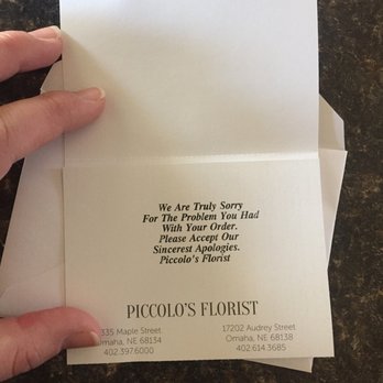 Piccolo’s Florist - Apology note - Florists Near Me - Omaha, Nebraska