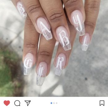 Gradient Nail - Fav set so far, clear tips, acrylic nails + gel full set with old english font that spells "baby girl" - Nail Salons Near Me - Honolulu, Hawaii