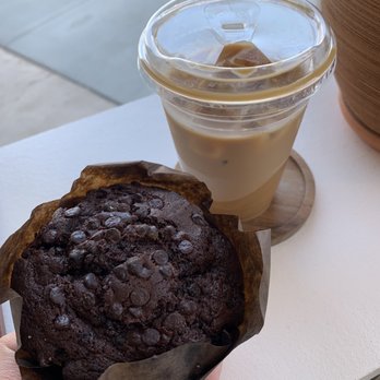 Wolf's Brew Coffee - Honey Oat Latte paired with a chocolate muffin! - Coffee & Tea Near Me - Long Beach, California