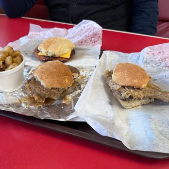 Dallas Famous Chicken and Biscuits - Home Fries, Beef Bologna with Cheese and a Pork Chop Biscuit... That's the Breakfast of Champions! - Southern Near Me - Apex, North Carolina