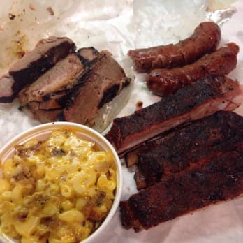 Lockhart Smokehouse - Ribs, brisket (delicious), sausage (ok), and jalapeño Mac n cheese - all very good - Barbeque Near Me - Plano, Texas