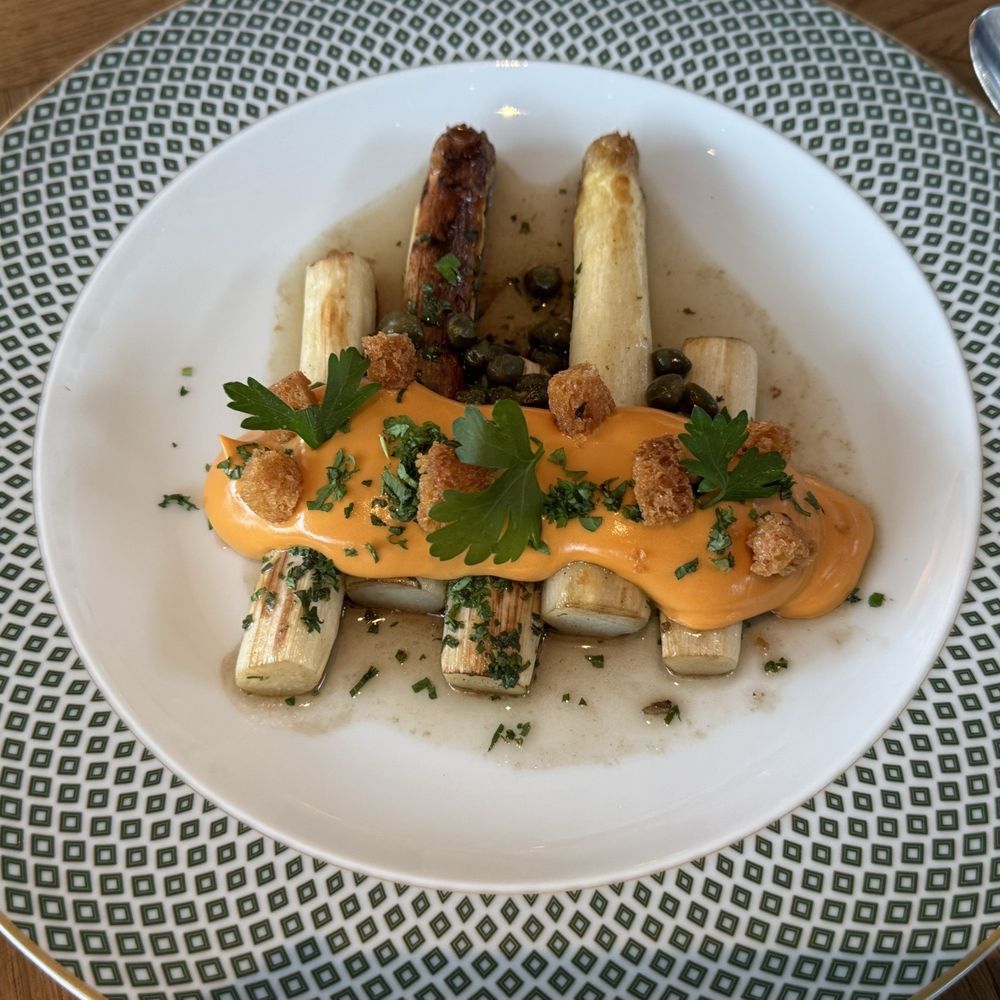 Fleurette - Warm Provençal White Asparagus: Perfectly cooked; capers did not over power the dish. - French Near Me - San Diego, California